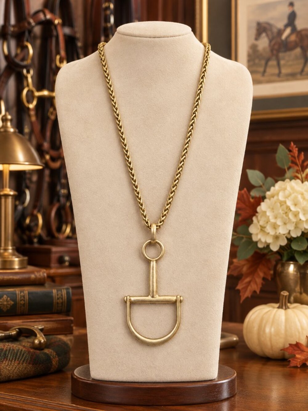Gold Stirrup Necklace, Equestrian Pendant Necklace, Horse Lover Jewelry, Antique